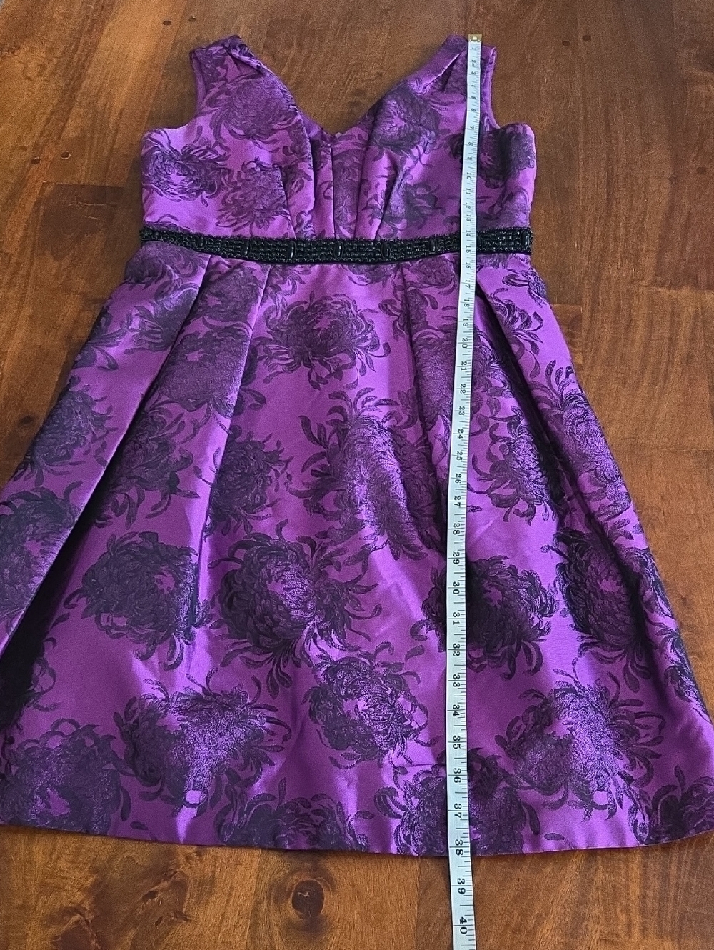 Carmen Marc Valvo Purple Floral Taffeta Fit & Flare Beaded Waist Dress Size 8 - Picture 6 of 9